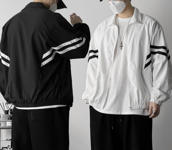 오프앤 집업 오버핏 바람막이 하이넥 자켓 두줄 사선 트랙 블랙 화이트